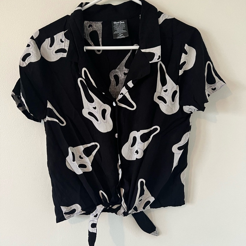 Black and White Ghost Face Print Button-Up Shirt